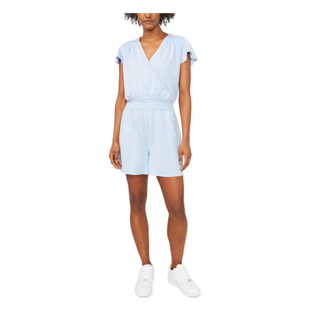 RILEY&RAE Womens Blue Stretch Smocked Flutter Sleeve Surplice Neckline Romper M